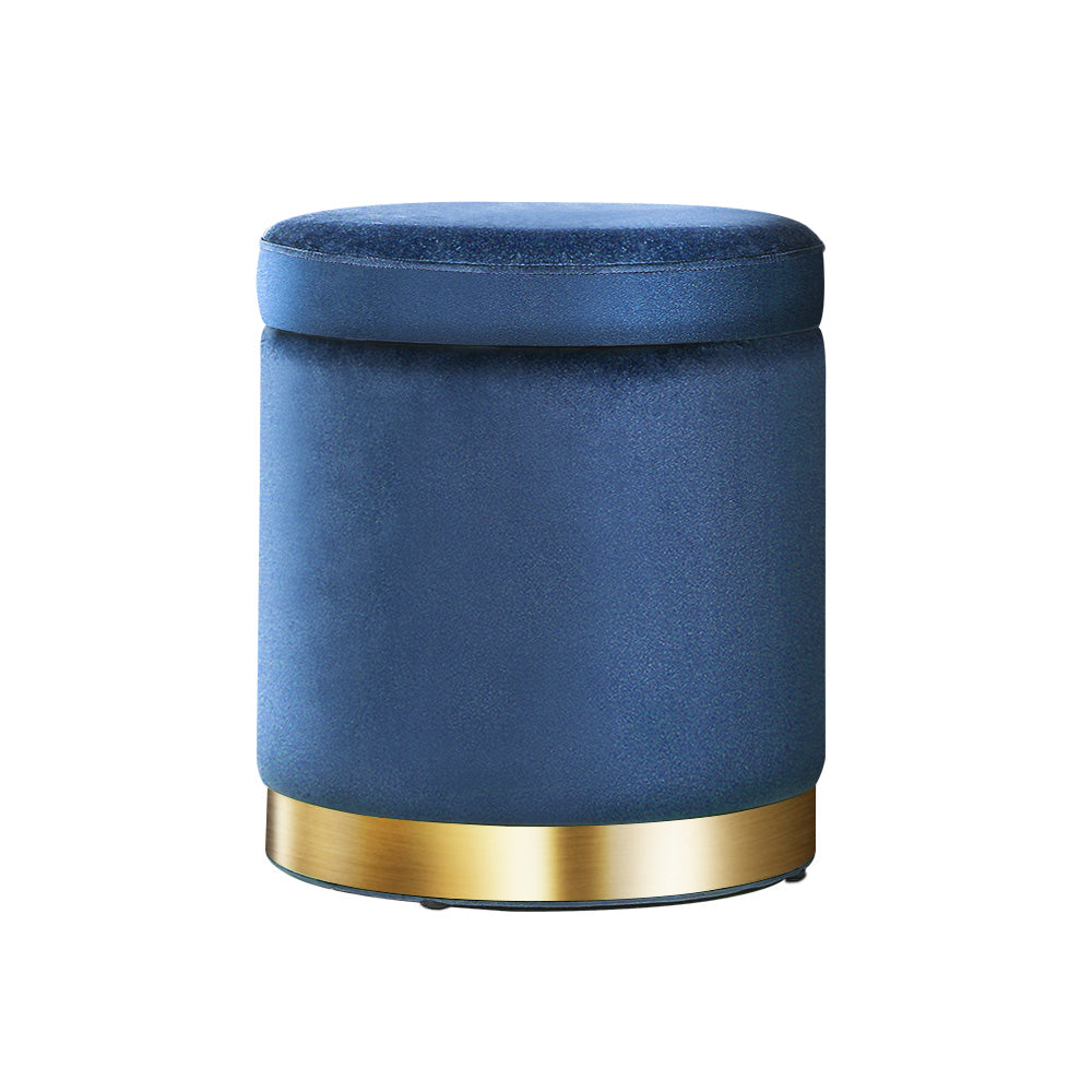Artiss Foot Stool Round Velvet Storage Ottoman in navy color with tufted design, showcasing its plush velvet upholstery and gold stainless-steel ring.