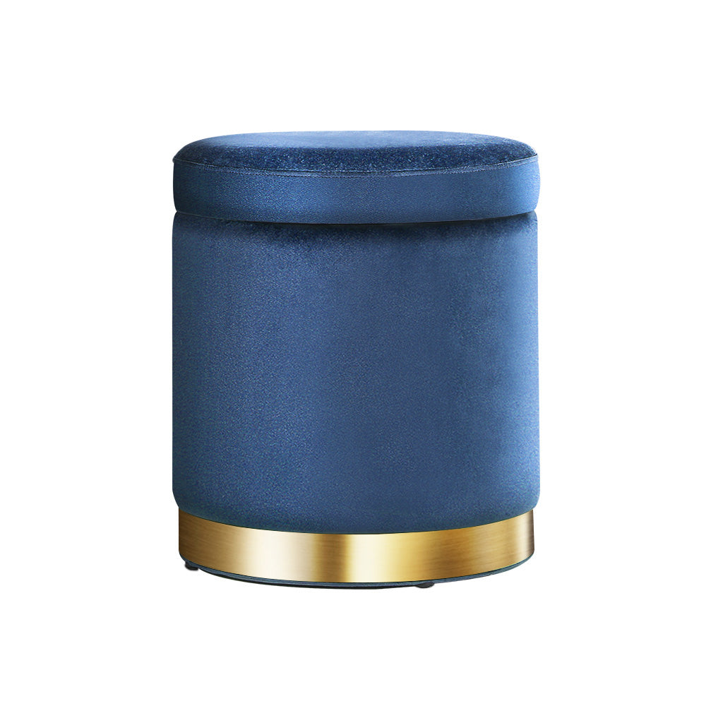 Artiss Foot Stool Round Velvet Storage Ottoman in navy color with tufted design, showcasing its plush velvet upholstery and gold stainless-steel ring.