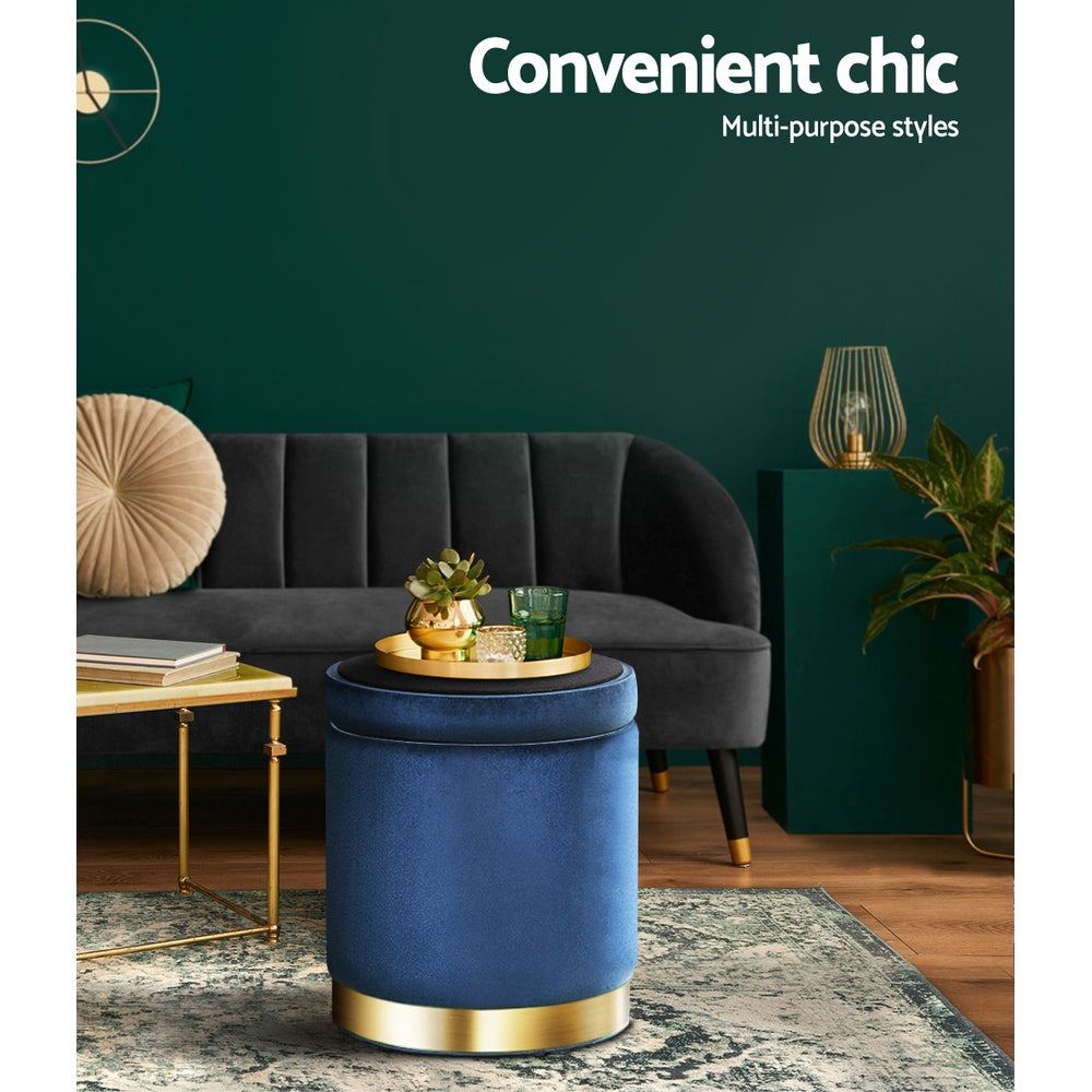 Artiss Foot Stool Round Velvet Storage Ottoman in navy color with tufted design, showcasing its plush velvet upholstery and gold stainless-steel ring.