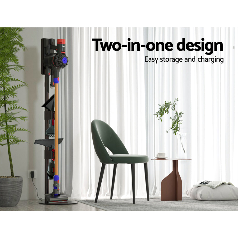 Artiss Freestanding Vacuum Stand Rack for Dyson V6 V7, featuring a sleek grey design with a sturdy base and built-in cable management.