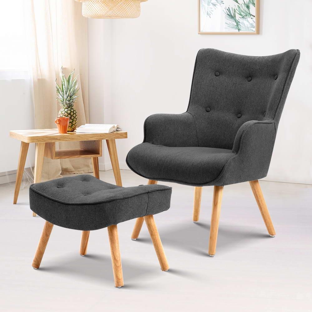 Artiss LANSAR Lounge Accent Chair with matching ottoman in charcoal fabric, featuring tufted design and sturdy rubber wood legs.
