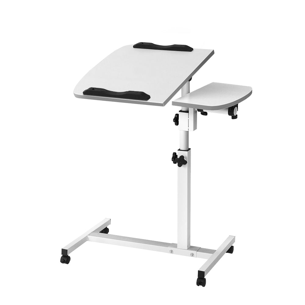 Artiss Laptop Table Desk Adjustable Stand in white, featuring a sleek design with rotating and tilting tabletops and lockable caster wheels.