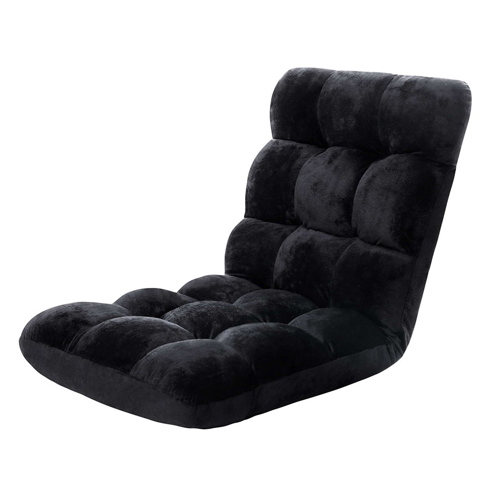 Artiss Lounge Sofa Floor Recliner in black, showcasing its adjustable positions and plush flannel fabric.