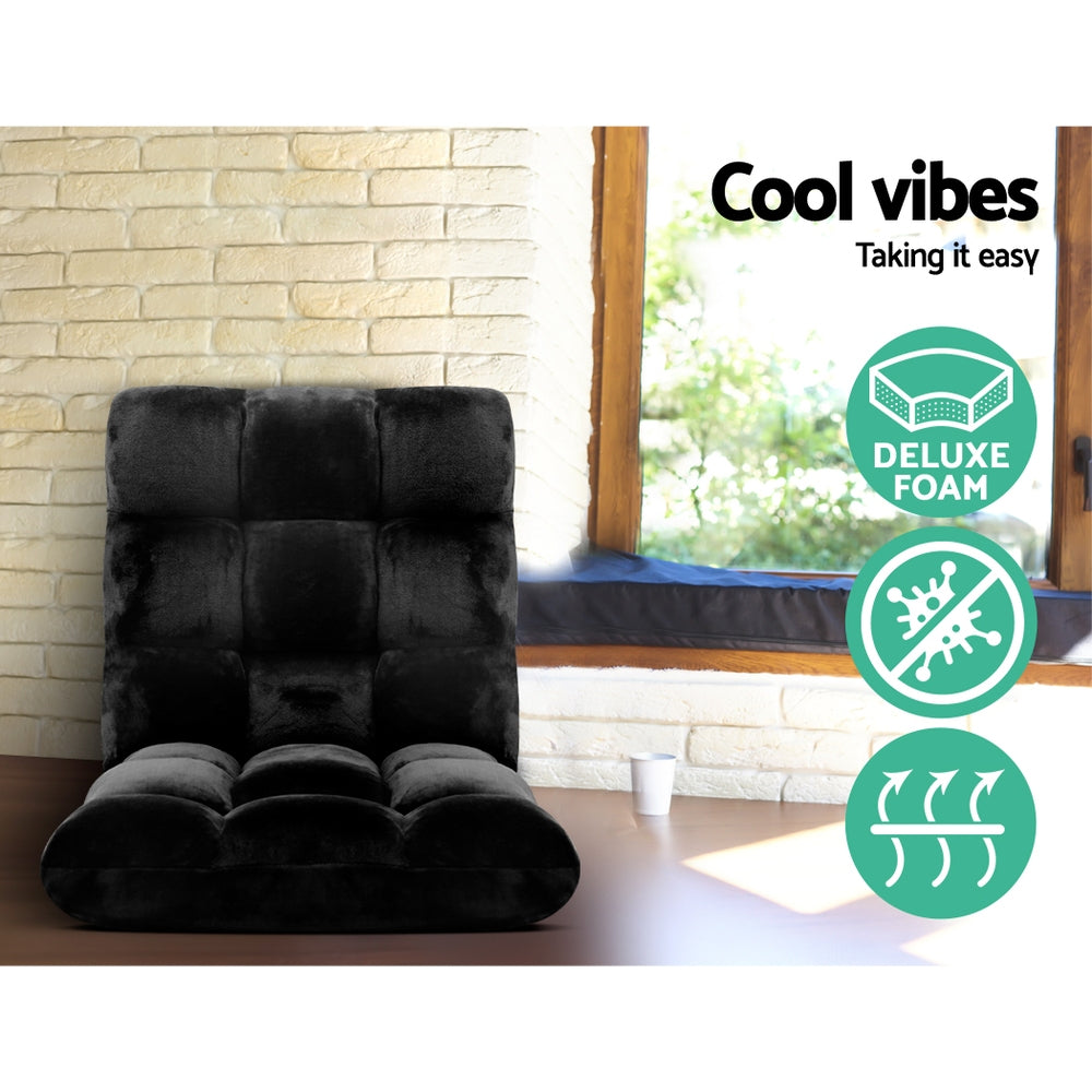 Artiss Lounge Sofa Floor Recliner in black, showcasing its adjustable positions and plush flannel fabric.