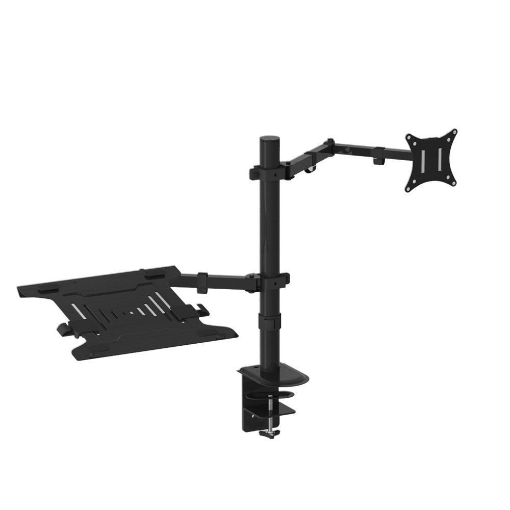 Artiss Monitor Arm Stand with dual adjustable arms, device tray, and cable management features, designed for laptops and monitors.