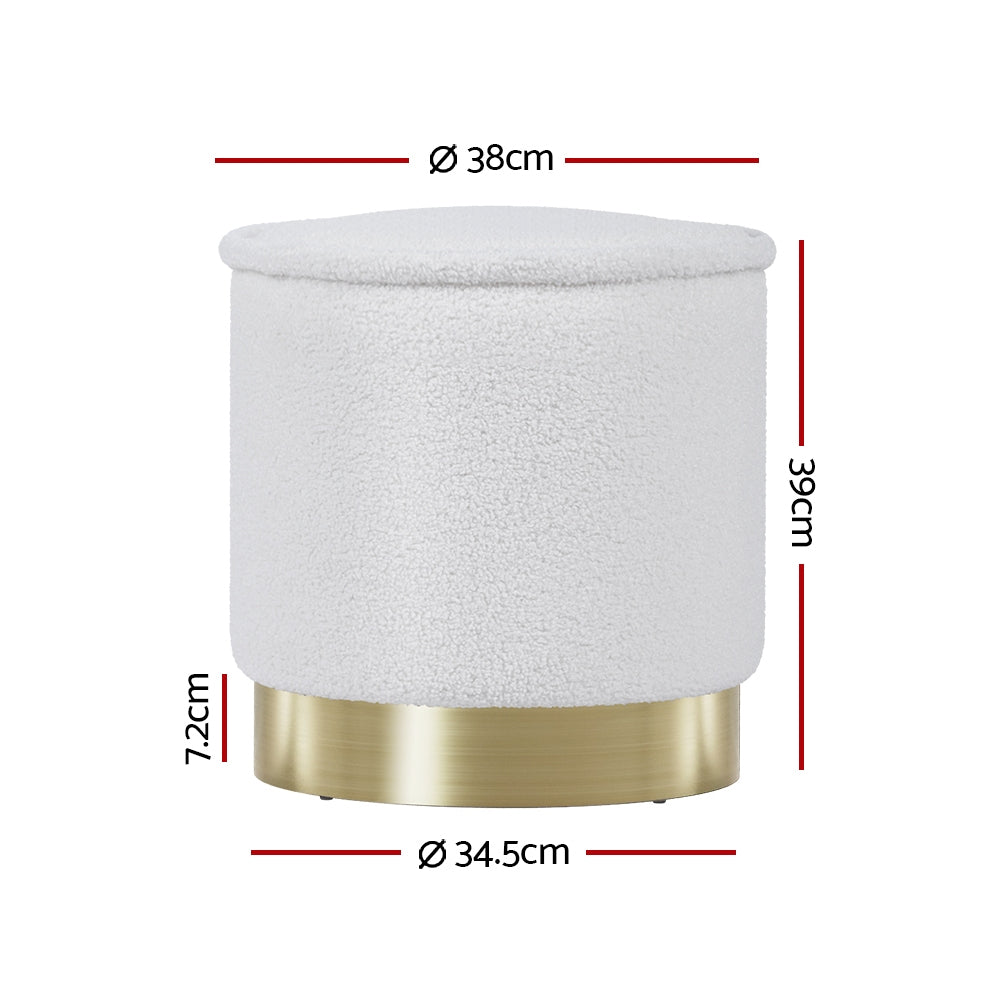 Artiss Ottoman Round Foot Stool in soft teddy fabric with a padded seat and stainless-steel gold ring, perfect for footrest or extra seating.