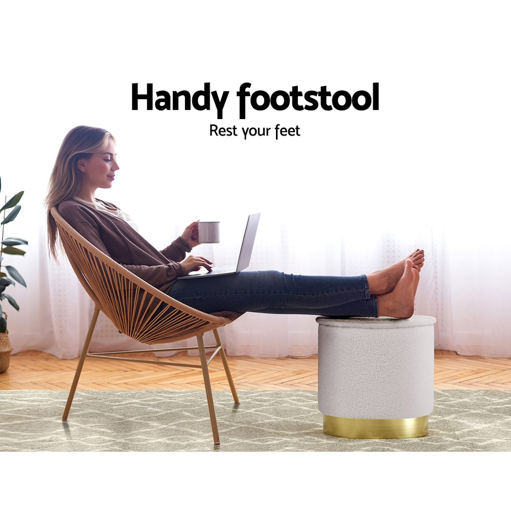 Artiss Ottoman Round Foot Stool in soft teddy fabric with a padded seat and stainless-steel gold ring, perfect for footrest or extra seating.
