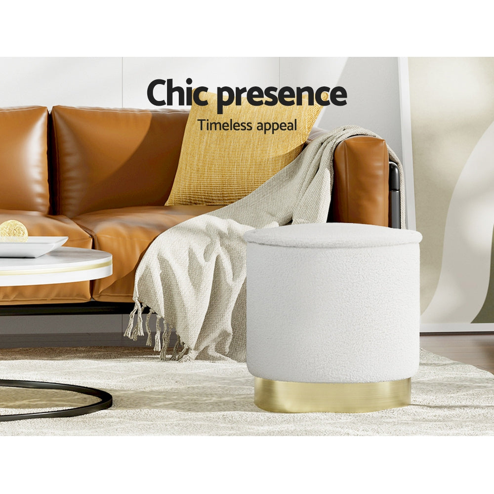 Artiss Ottoman Round Foot Stool in soft teddy fabric with a padded seat and stainless-steel gold ring, perfect for footrest or extra seating.