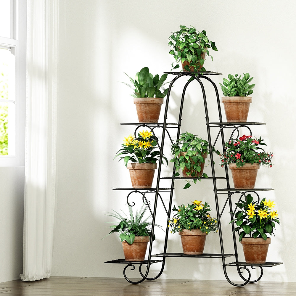 Artiss Plant Stand featuring 9 tiers with an ornate floral design, made of durable black steel, suitable for indoor and outdoor use.