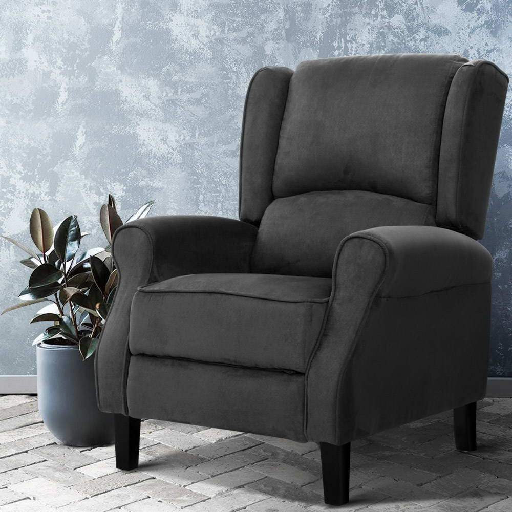 Artiss Recliner Chair in charcoal suede fabric, featuring adjustable backrest and footrest, perfect for home relaxation.