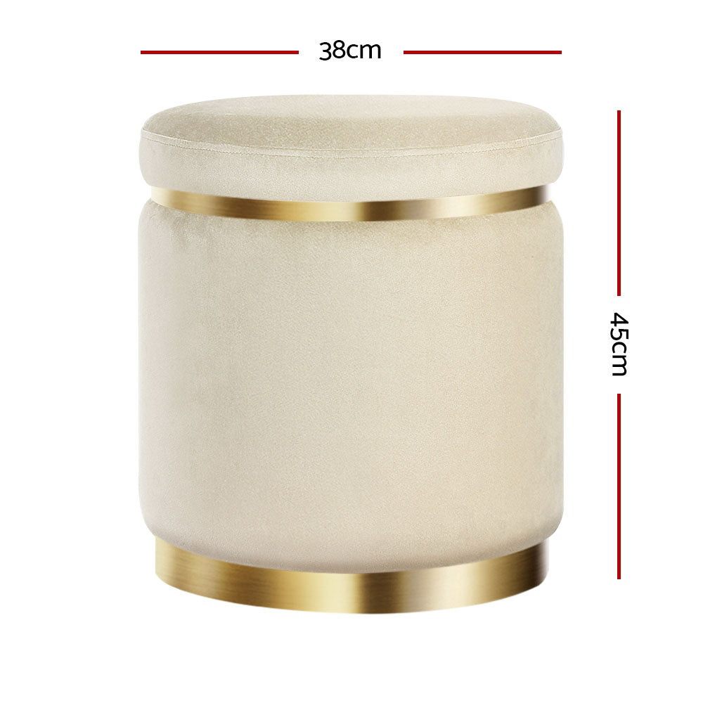 Artiss Round Velvet Foot Stool in cream color with tufted design and gold stainless-steel rings, perfect for home decor.