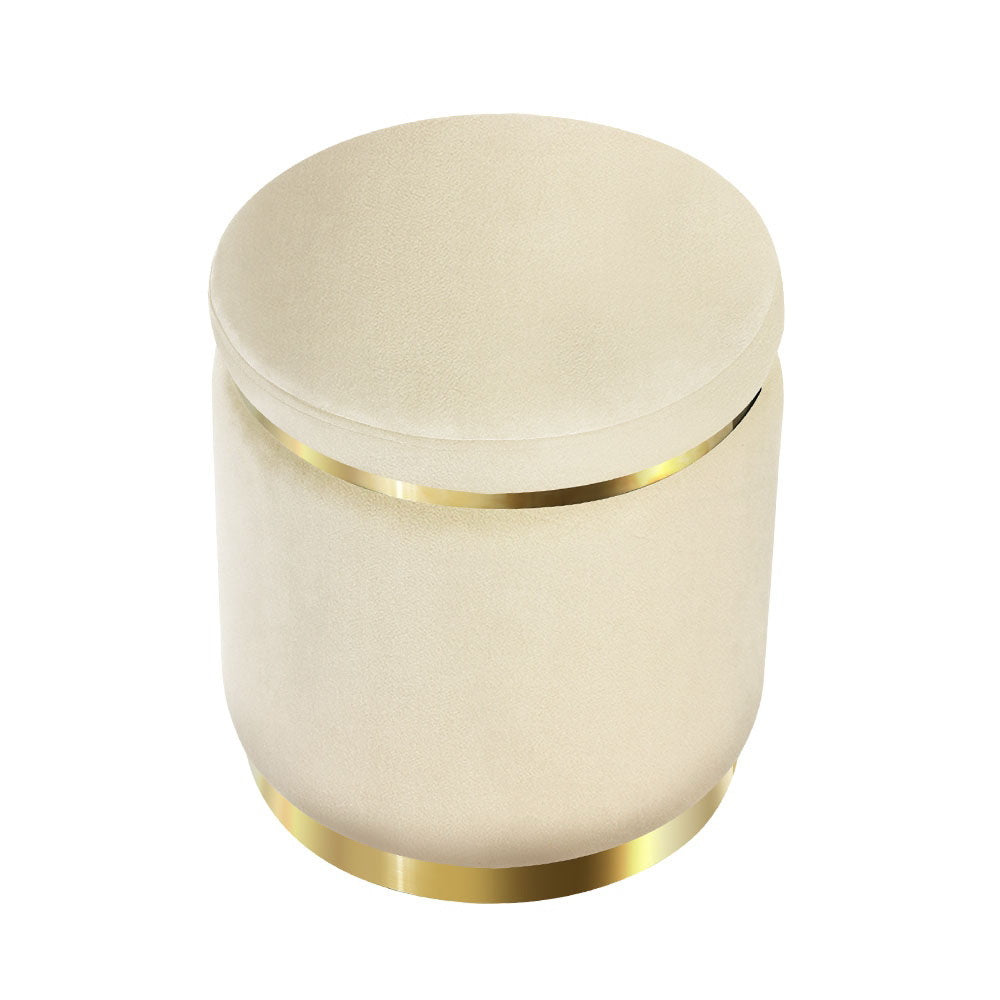 Artiss Round Velvet Foot Stool in cream color with tufted design and gold stainless-steel rings, perfect for home decor.