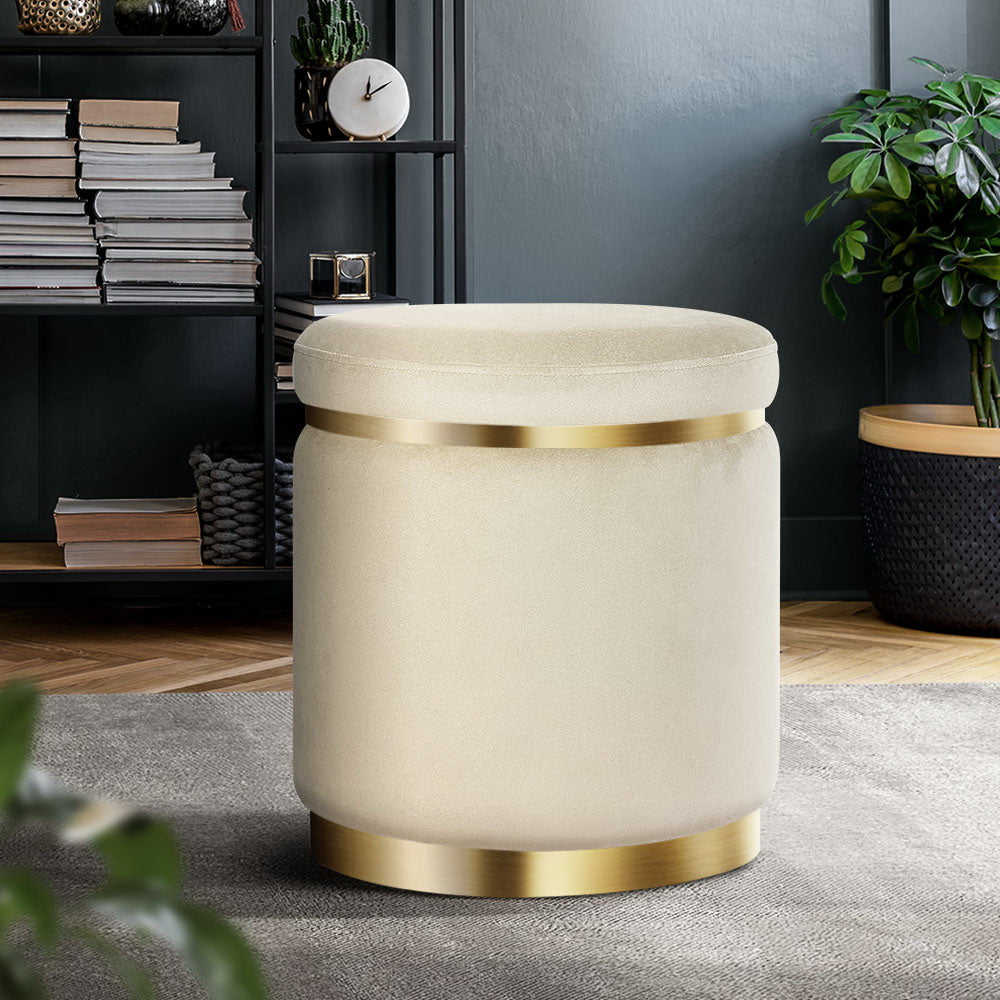 Artiss Round Velvet Foot Stool in cream color with tufted design and gold stainless-steel rings, perfect for home decor.