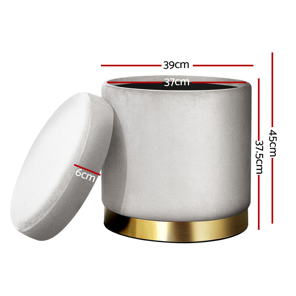 Artiss Round Velvet Storage Ottoman in grey, featuring a tufted seat and gold stainless-steel ring, perfect for footrest and storage.