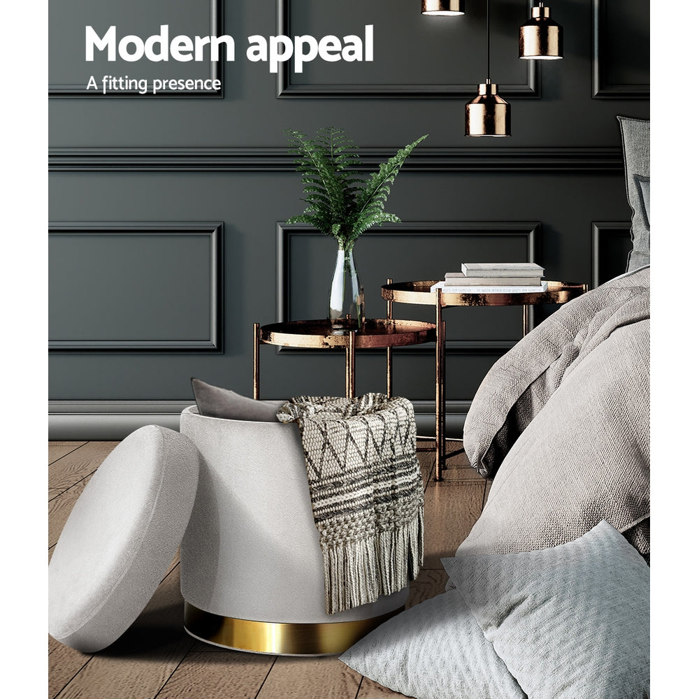 Artiss Round Velvet Storage Ottoman in grey, featuring a tufted seat and gold stainless-steel ring, perfect for footrest and storage.