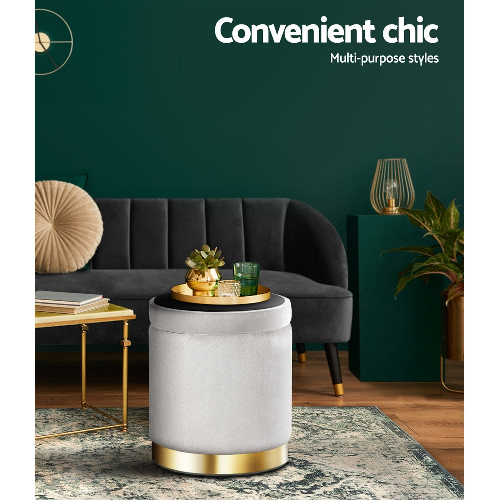 Artiss Round Velvet Storage Ottoman in grey, featuring a tufted seat and gold stainless-steel ring, perfect for footrest and storage.