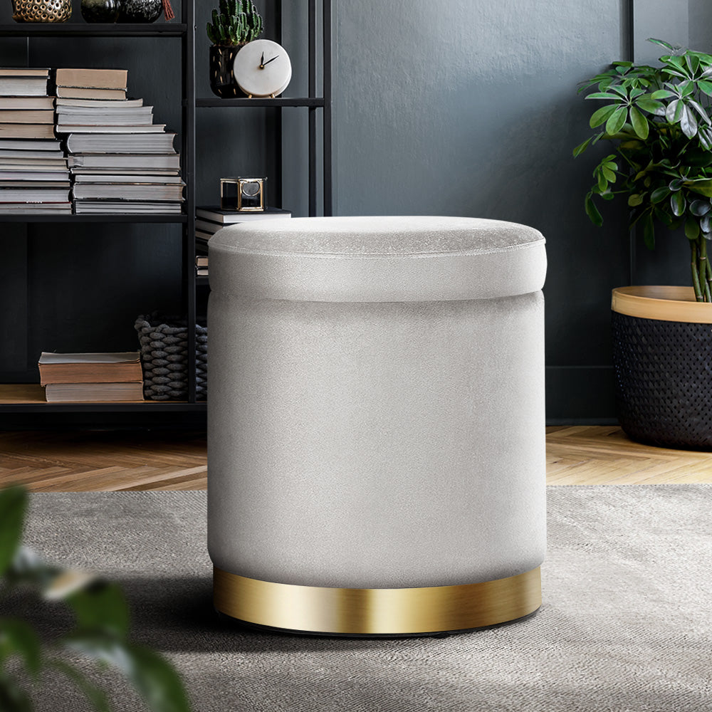 Artiss Round Velvet Storage Ottoman in grey, featuring a tufted seat and gold stainless-steel ring, perfect for footrest and storage.