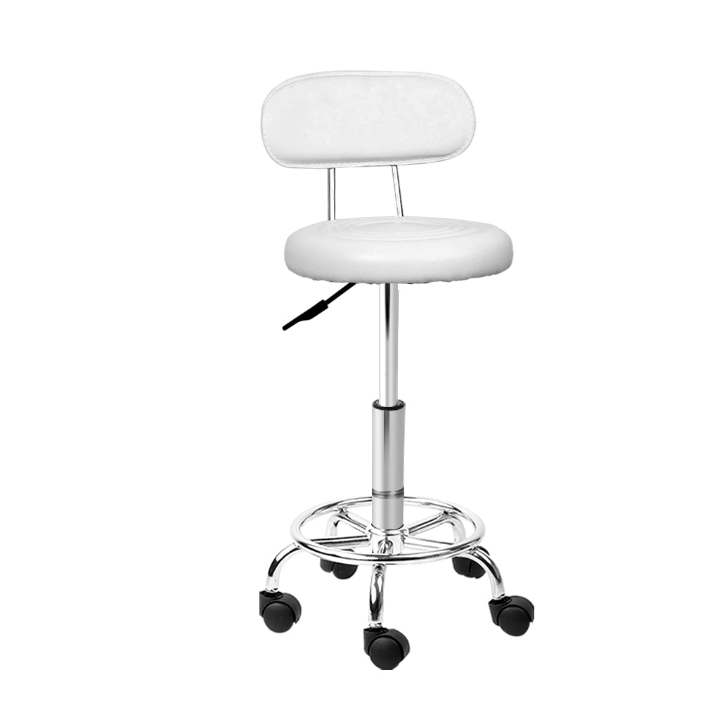 Artiss Salon Stool Swivel Barber Chair with backrest, featuring white PU leather upholstery and chrome iron base, designed for comfort and style.