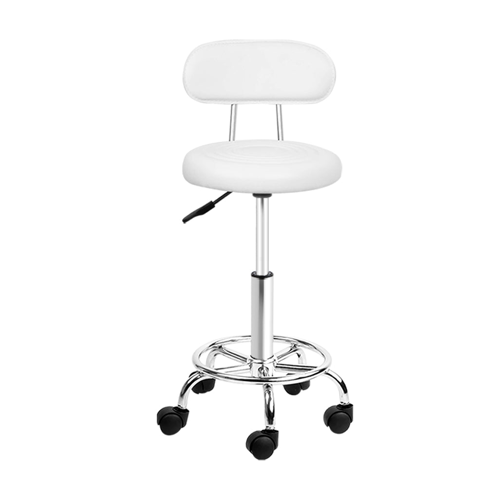 Artiss Salon Stool Swivel Barber Chair with backrest, featuring white PU leather upholstery and chrome iron base, designed for comfort and style.