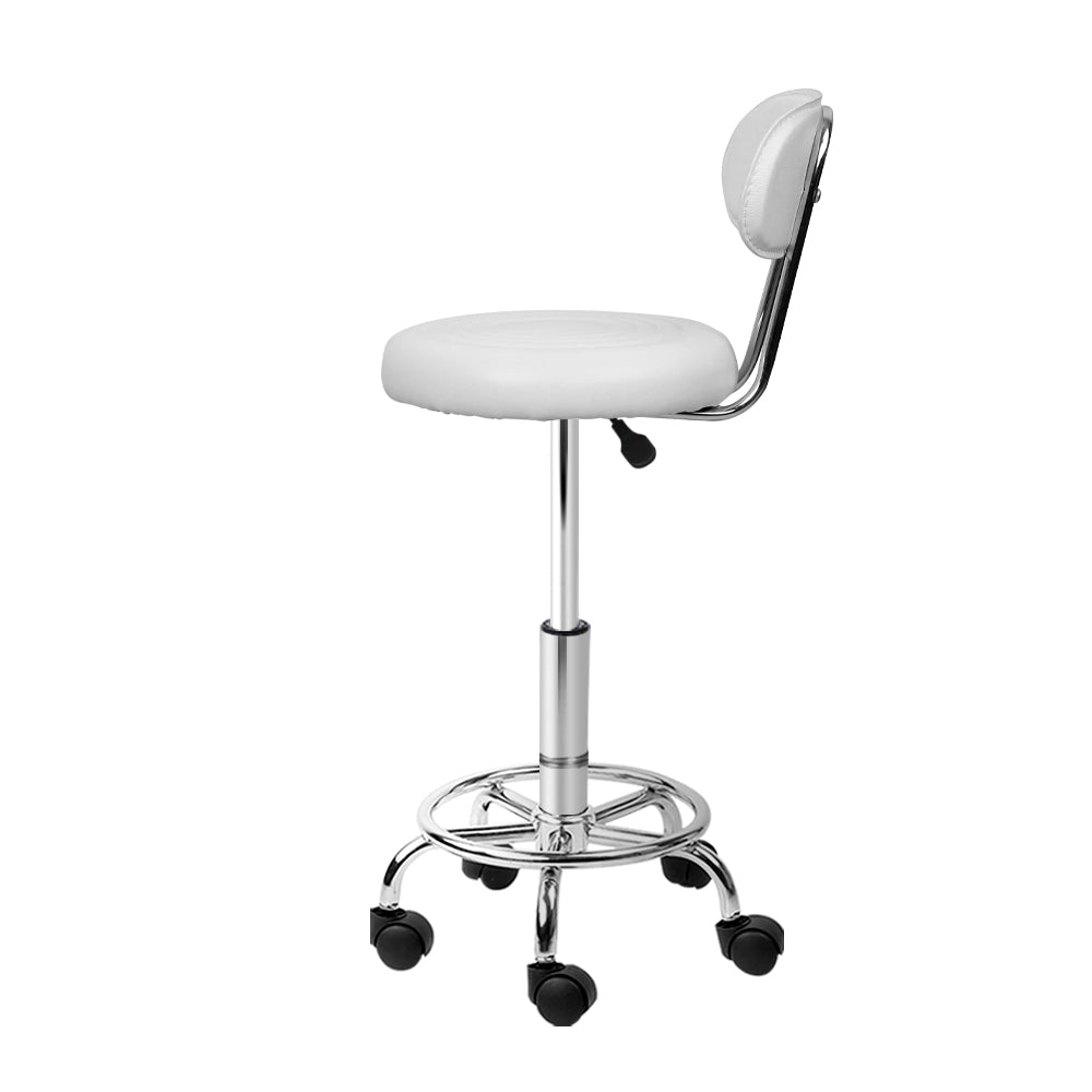 Artiss Salon Stool Swivel Barber Chair with backrest, featuring white PU leather upholstery and chrome iron base, designed for comfort and style.