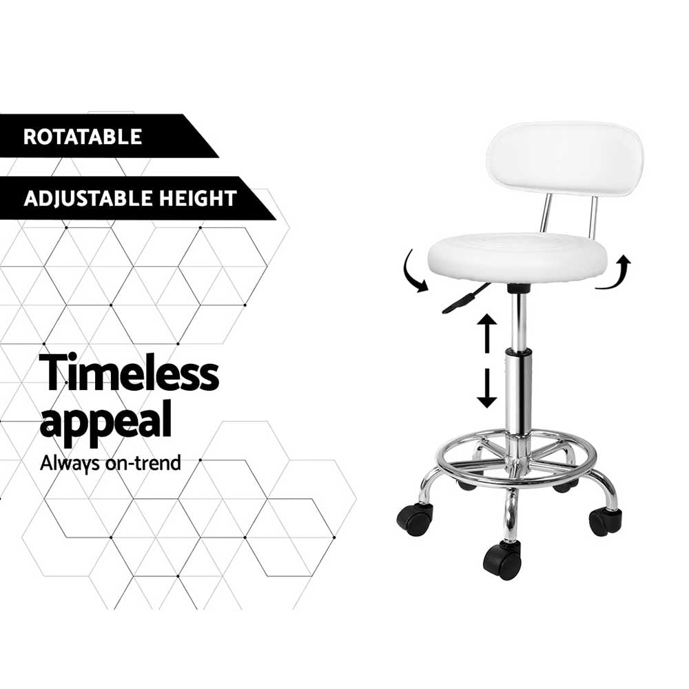 Artiss Salon Stool Swivel Barber Chair with backrest, featuring white PU leather upholstery and chrome iron base, designed for comfort and style.
