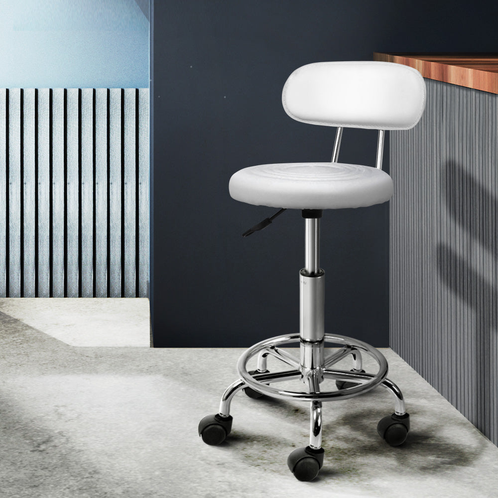 Artiss Salon Stool Swivel Barber Chair with backrest, featuring white PU leather upholstery and chrome iron base, designed for comfort and style.