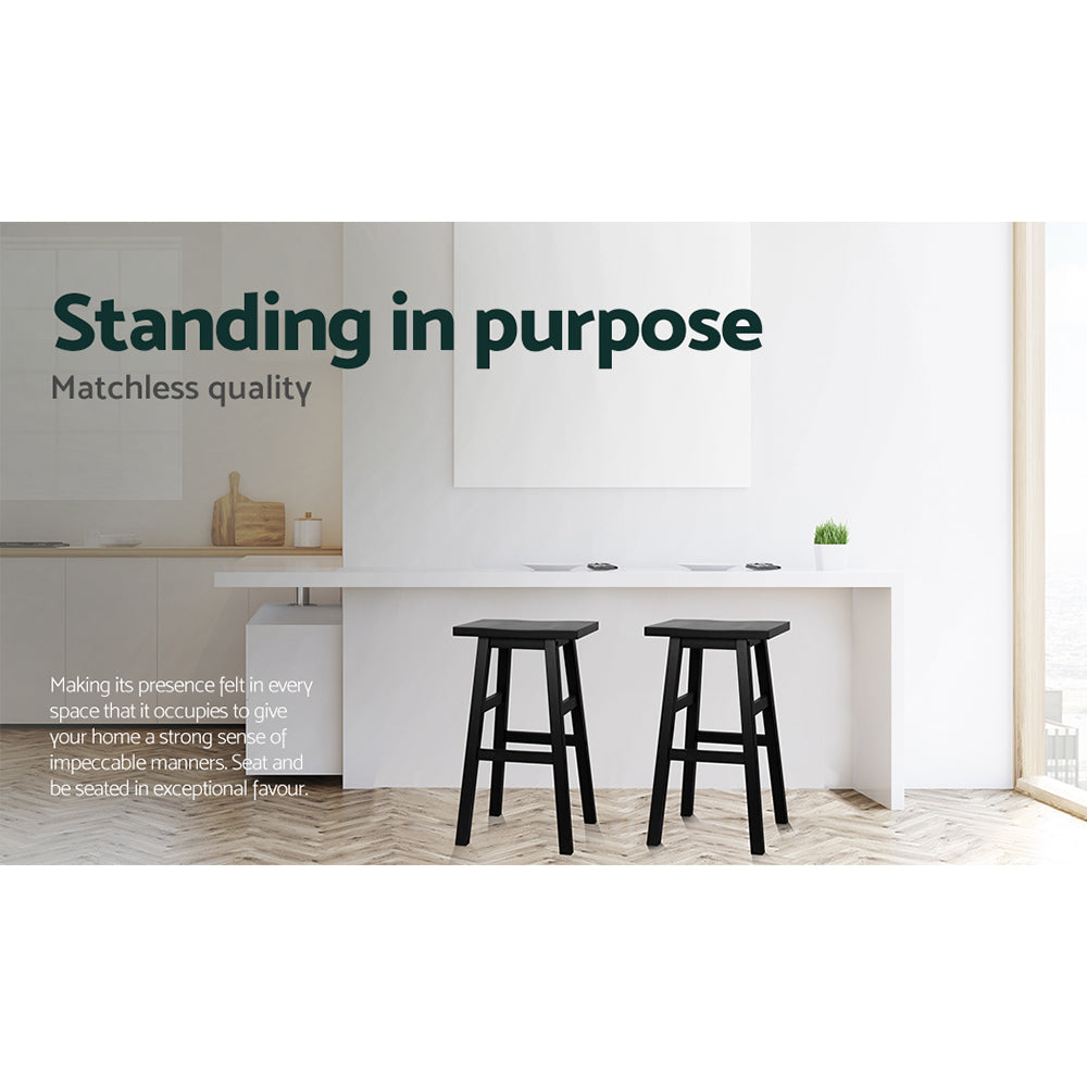 Artiss Set of 2 Black Beech Wood Bar Stools with contoured saddle seats and sturdy A-frame design.