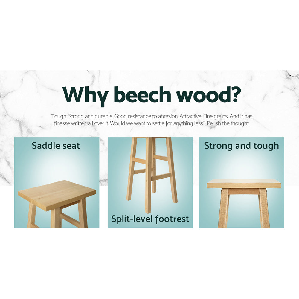 Artiss Set of 2 Beech Wood Bar Stools in natural finish, featuring a contoured saddle seat and sturdy legs.