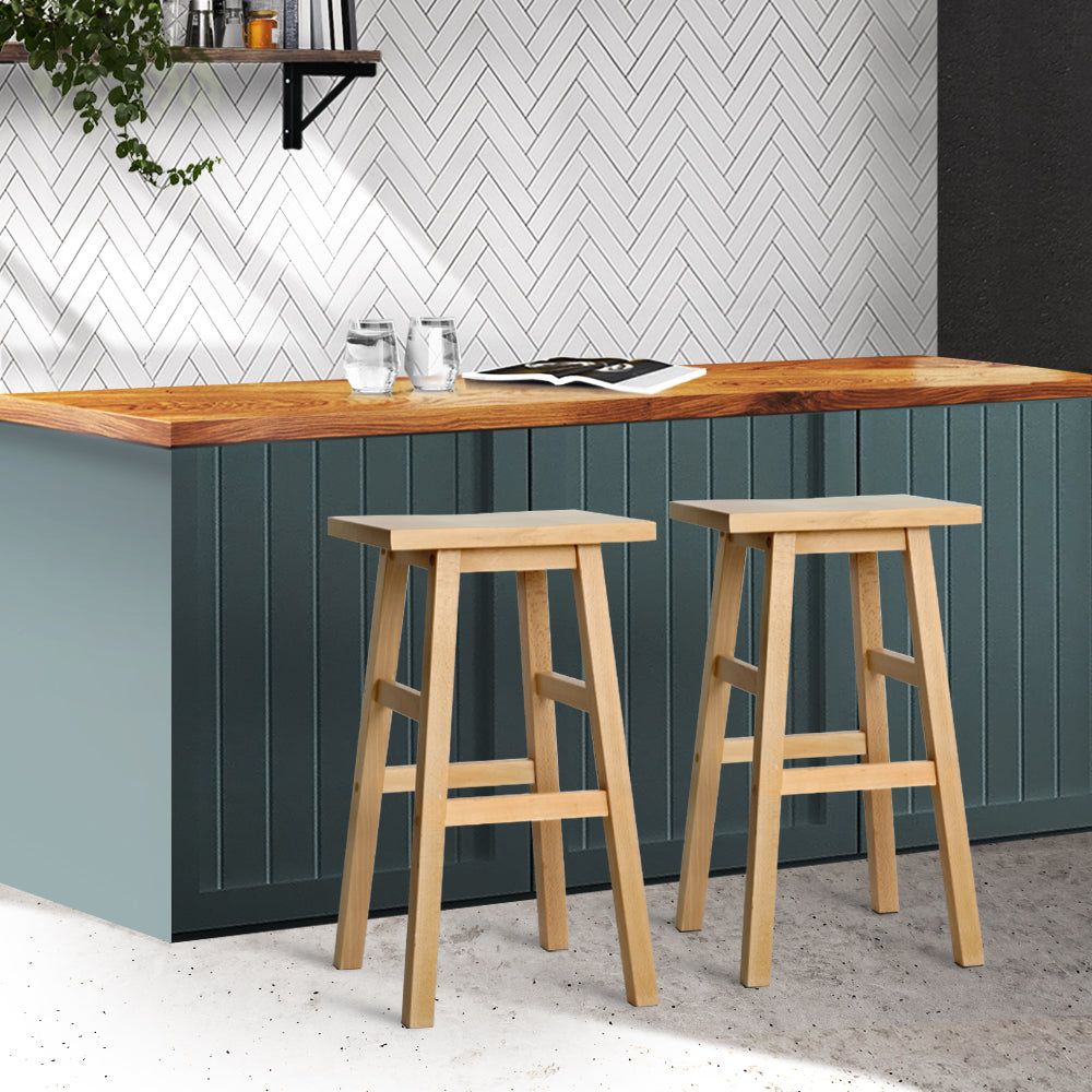 Artiss Set of 2 Beech Wood Bar Stools in natural finish, featuring a contoured saddle seat and sturdy legs.