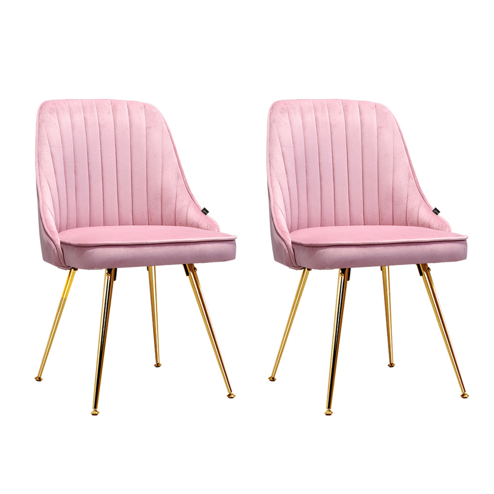 Artiss Set of 2 Dining Chairs featuring pink velvet upholstery and gold metal legs, showcasing a retro design with scallop shell back.