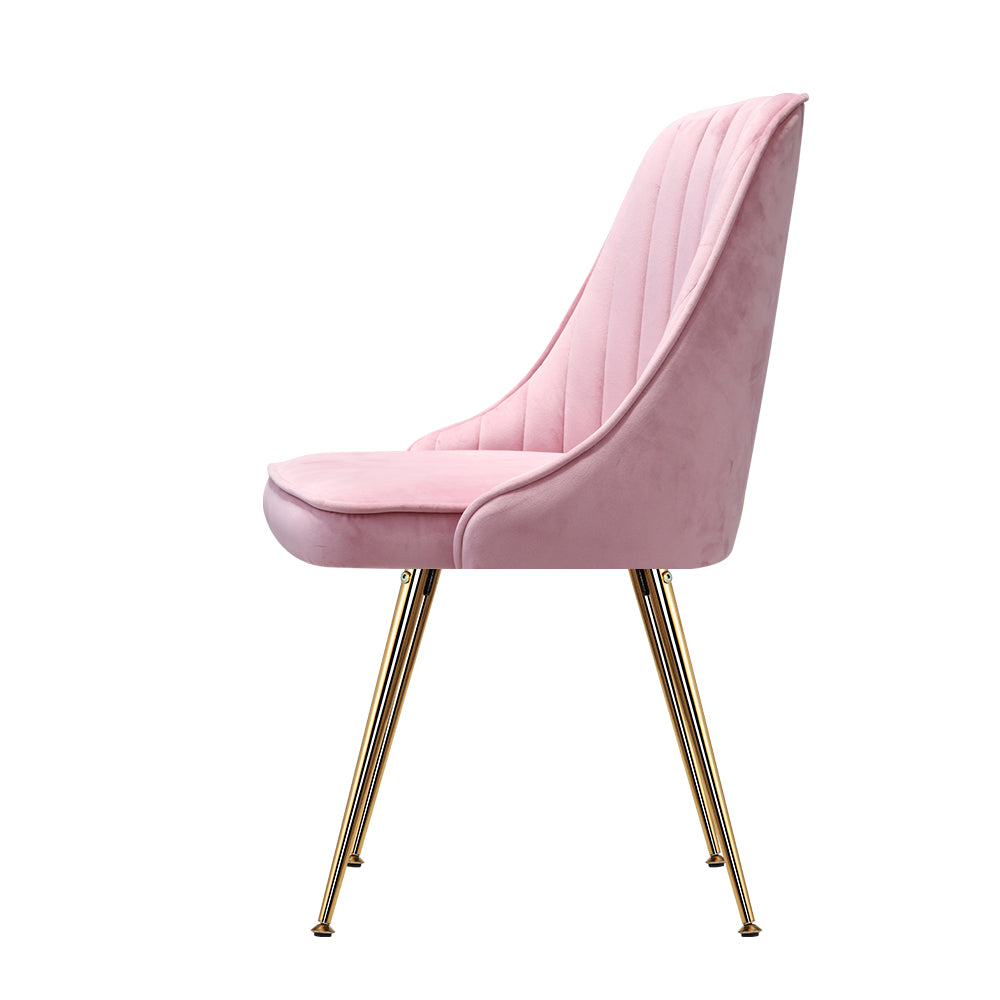 Artiss Set of 2 Dining Chairs featuring pink velvet upholstery and gold metal legs, showcasing a retro design with scallop shell back.
