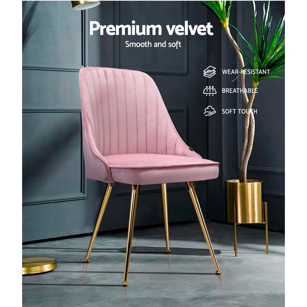 Artiss Set of 2 Dining Chairs featuring pink velvet upholstery and gold metal legs, showcasing a retro design with scallop shell back.