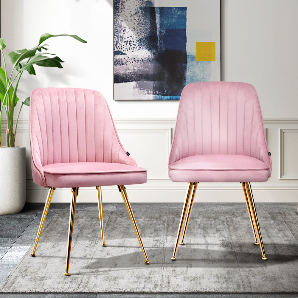 Artiss Set of 2 Dining Chairs featuring pink velvet upholstery and gold metal legs, showcasing a retro design with scallop shell back.