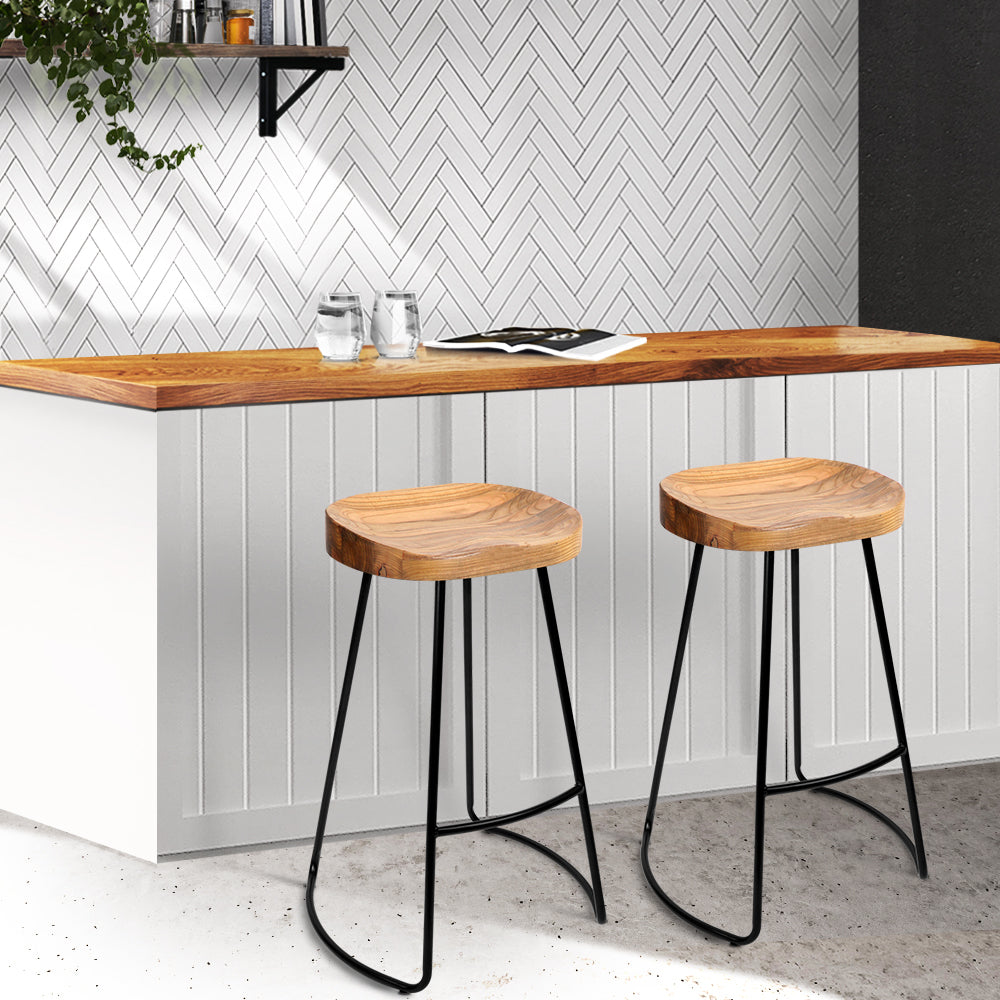 Artiss Set of 2 Elm Wood Backless Bar Stools featuring a vintage design with black legs and elegant wooden seats.