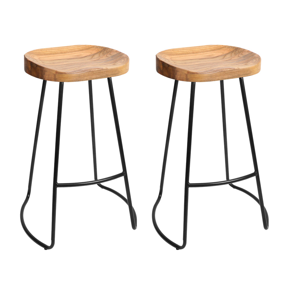 Artiss Set of 2 Elm Wood Backless Bar Stools with black legs and light wooden seats, showcasing modern industrial design.