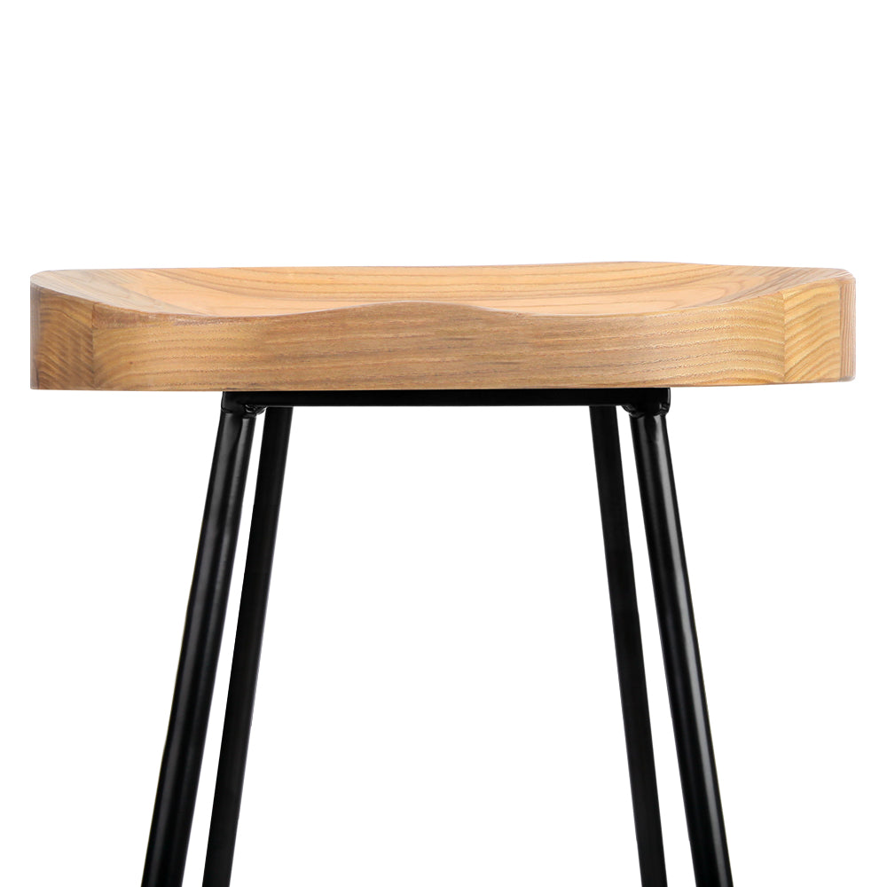 Artiss Set of 2 Elm Wood Backless Bar Stools with black legs and light wooden seats, showcasing modern industrial design.