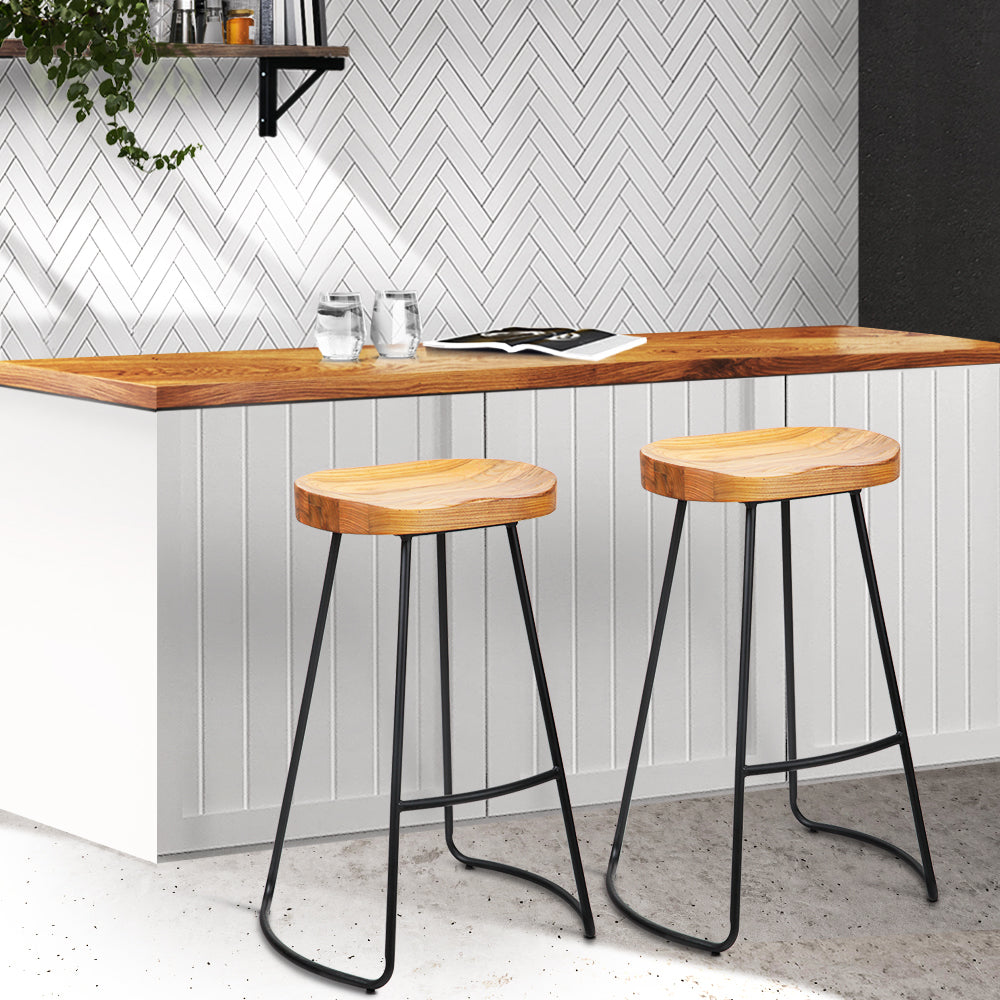 Artiss Set of 2 Elm Wood Backless Bar Stools with black legs and light wooden seats, showcasing modern industrial design.