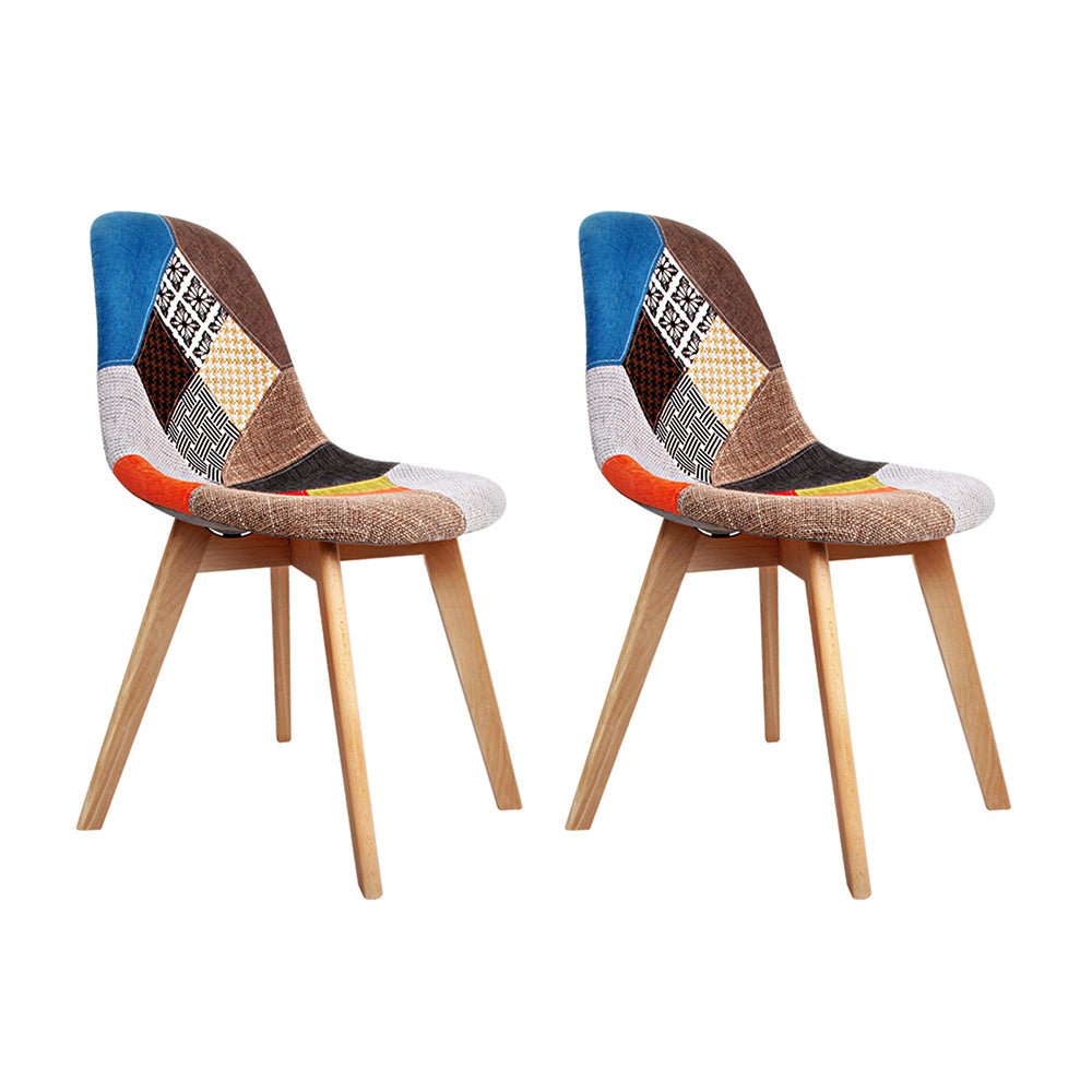 Artiss Set of 2 Retro Beech Fabric Dining Chairs in multi-colour with beech wood legs, showcasing a stylish and modern design.