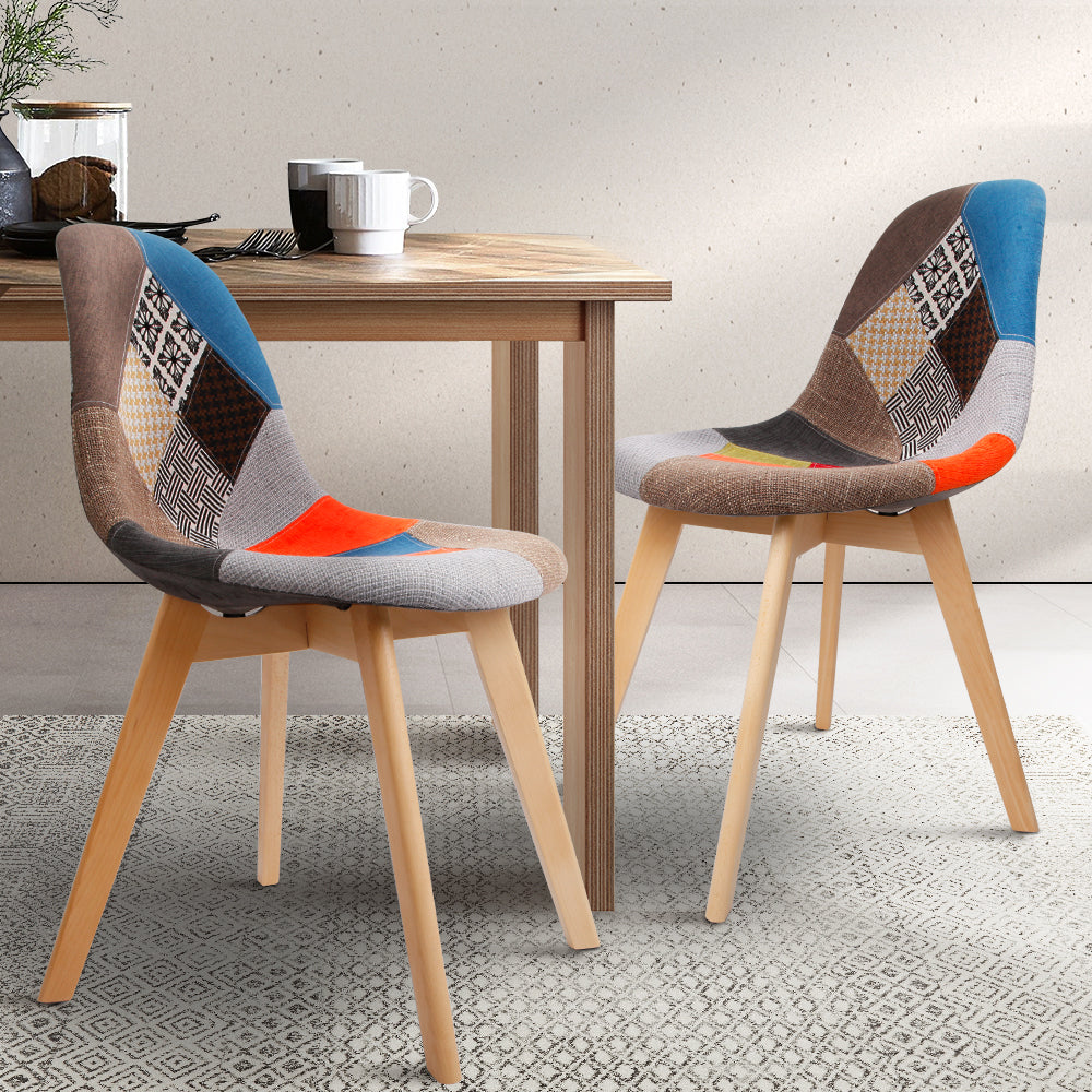 Artiss Set of 2 Retro Beech Fabric Dining Chairs in multi-colour with beech wood legs, showcasing a stylish and modern design.