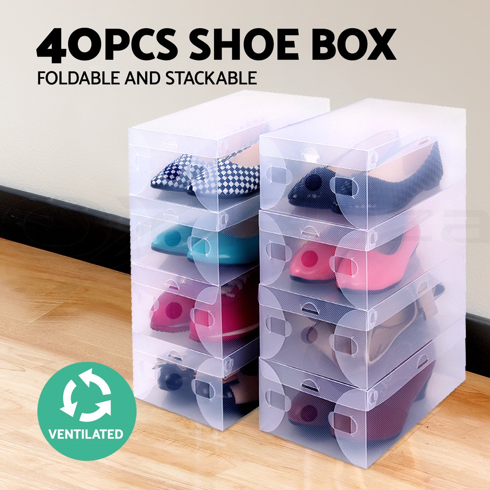Artiss Set of 40 Clear Shoe Boxes, transparent and foldable, ideal for organized shoe storage.