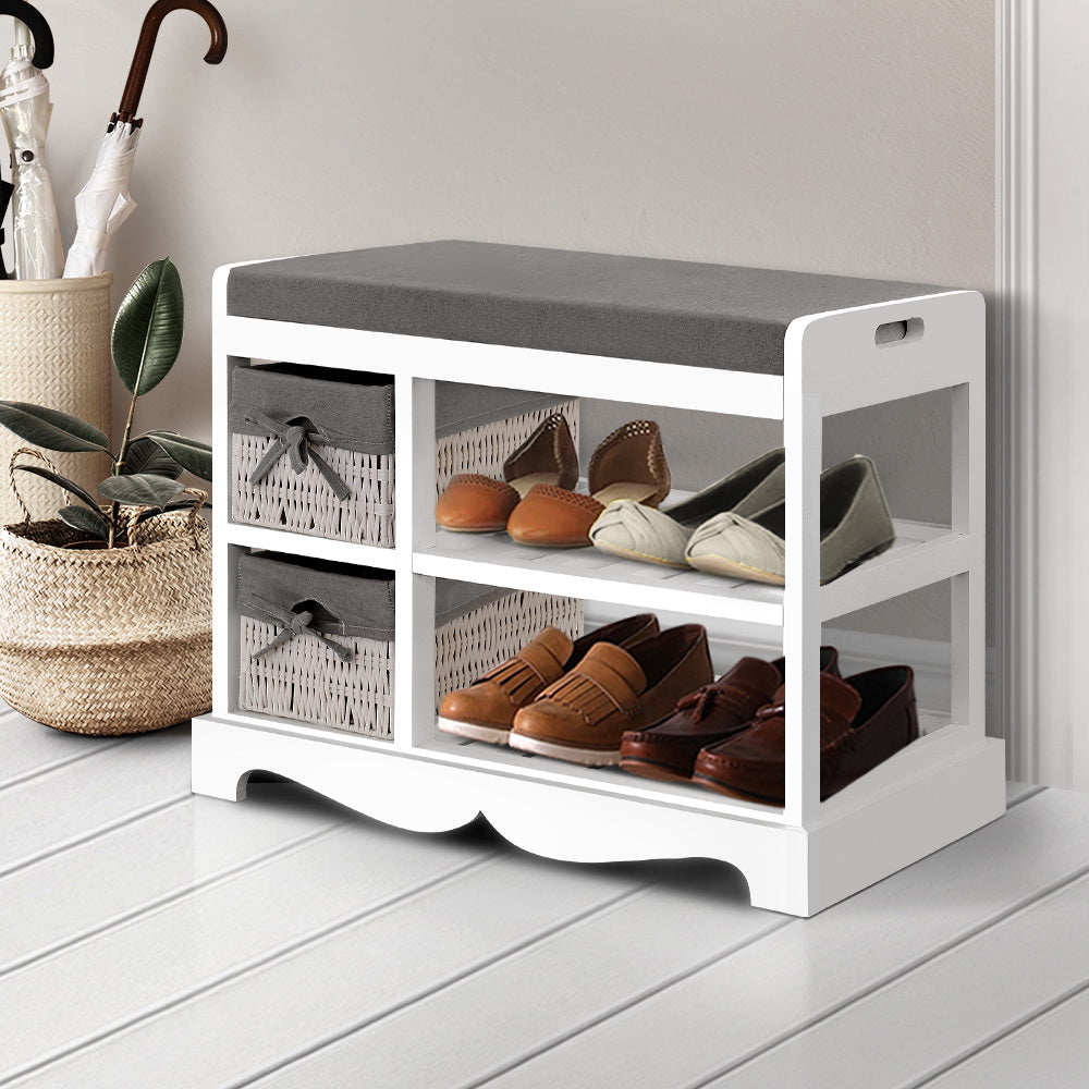Artiss Shoe Cabinet Bench featuring a two-tone design with cushioned seat and two removable wicker-like storage baskets.