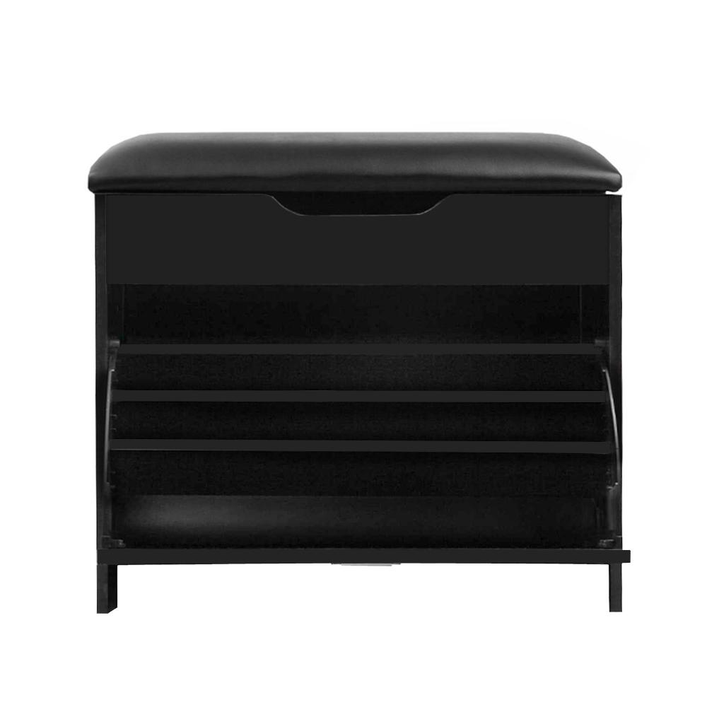 Artiss Shoe Cabinet Bench in black, featuring plush PU leather seat and three adjustable shelves for shoe storage.