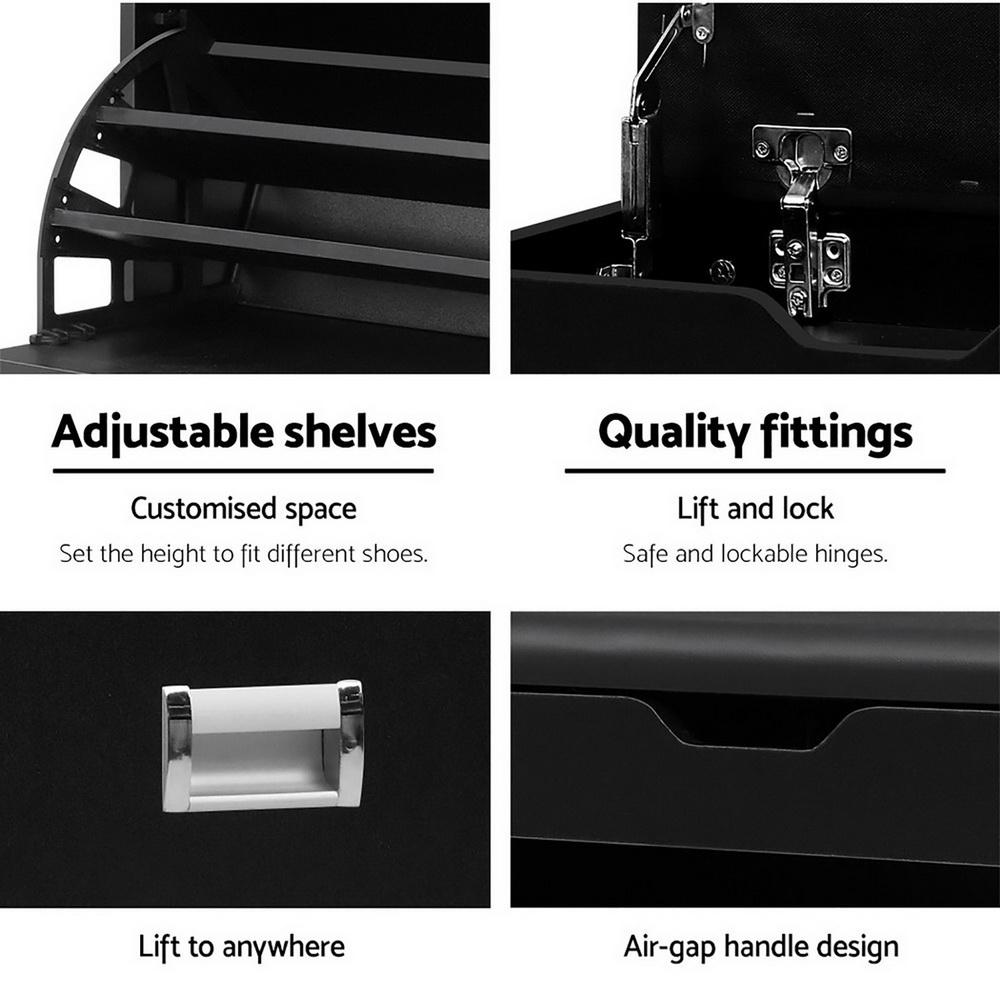 Artiss Shoe Cabinet Bench in black, featuring plush PU leather seat and three adjustable shelves for shoe storage.