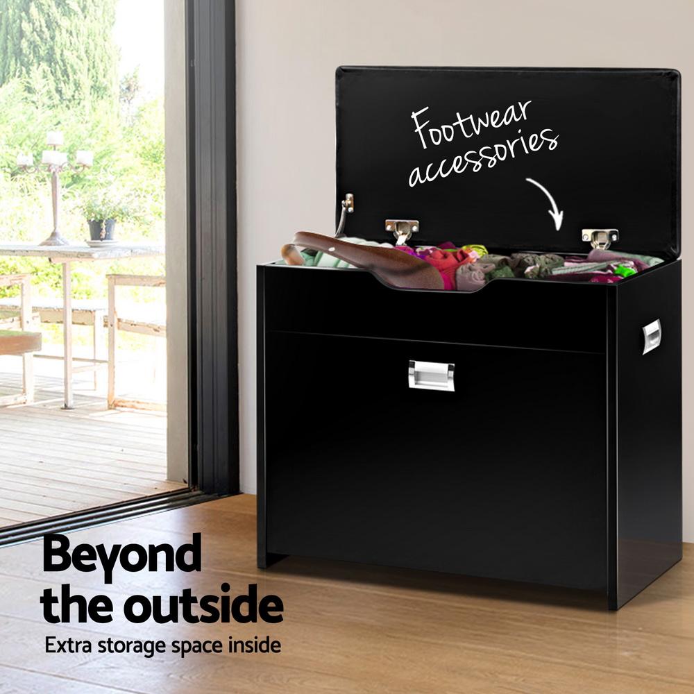 Artiss Shoe Cabinet Bench in black, featuring plush PU leather seat and three adjustable shelves for shoe storage.