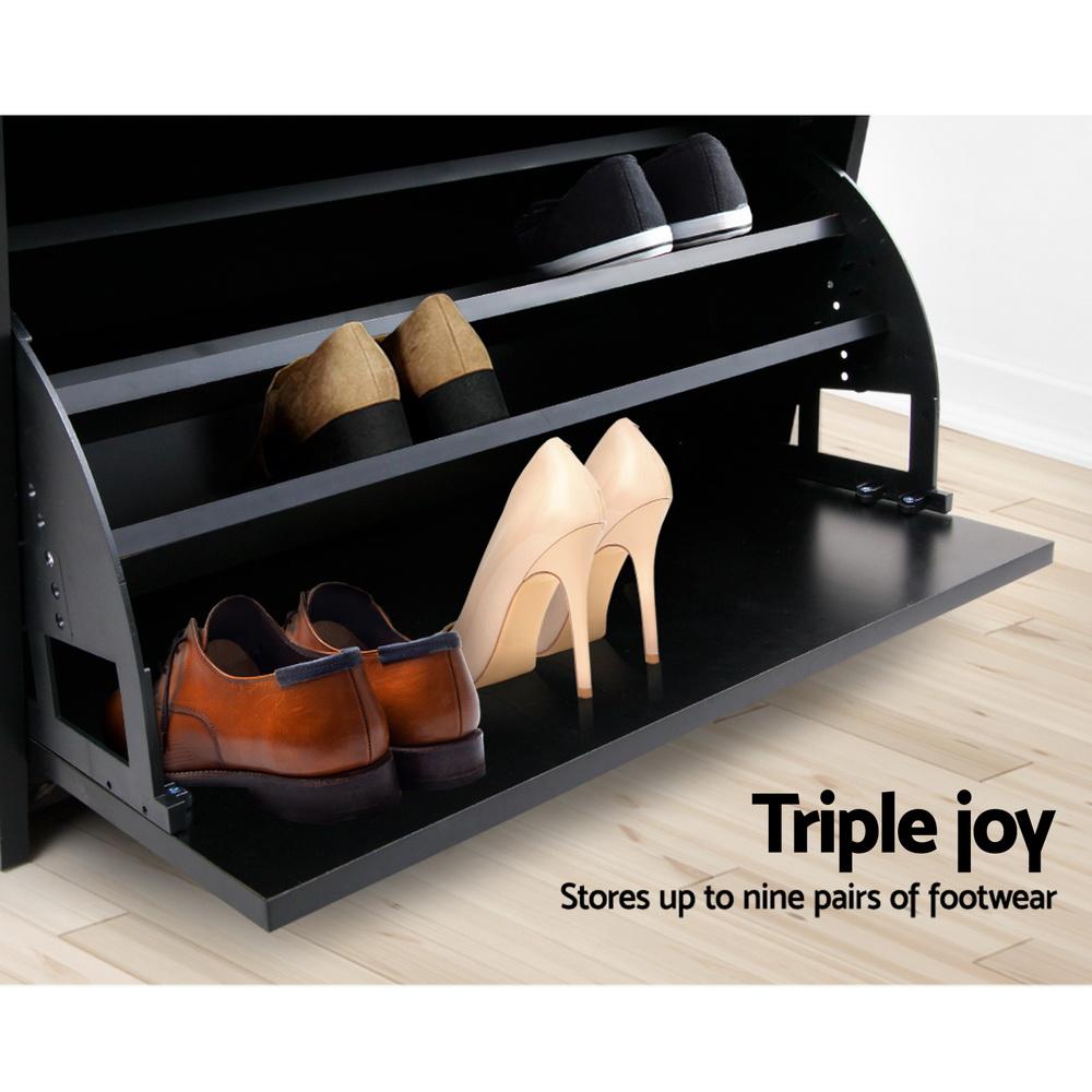 Artiss Shoe Cabinet Bench in black, featuring plush PU leather seat and three adjustable shelves for shoe storage.