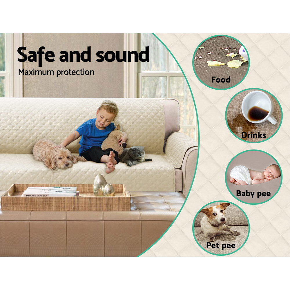 Artiss 3 Seater Sofa Cover in beige, featuring a diamond-quilted design and water-resistant fabric, draped over a stylish couch.