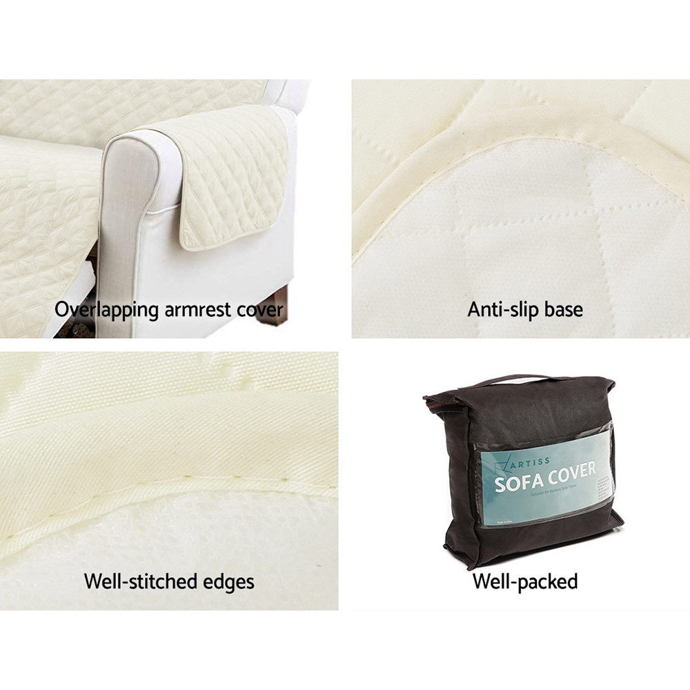 Artiss 3 Seater Sofa Cover in beige, featuring a diamond-quilted design and water-resistant fabric, draped over a stylish couch.