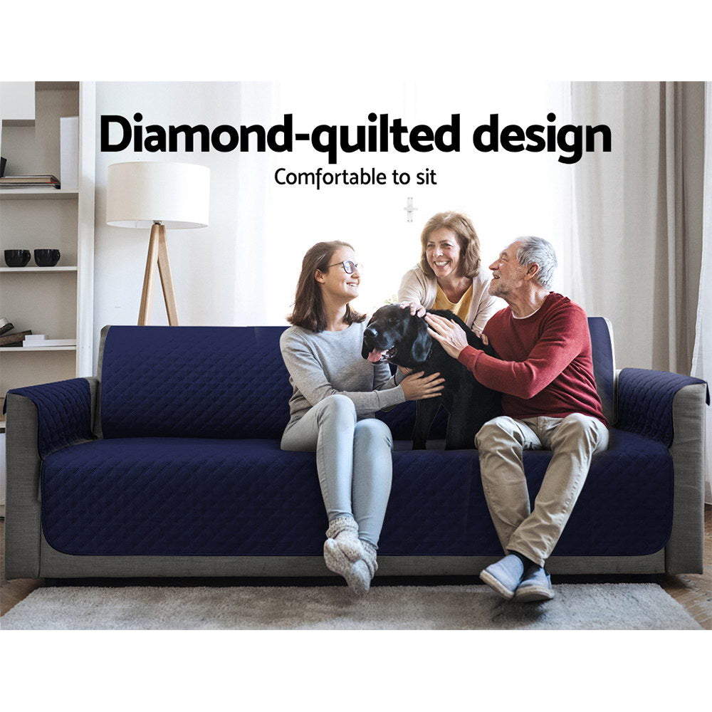 Artiss 3 Seater Sofa Cover in navy color, featuring a diamond-quilted design and water-resistant fabric, perfect for protecting furniture.