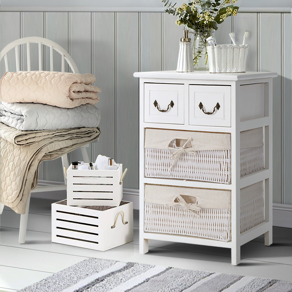 Artiss Storage Cabinet Dresser Chest of Drawers featuring two wicker baskets and a rustic white finish, perfect for bedside or bathroom use.