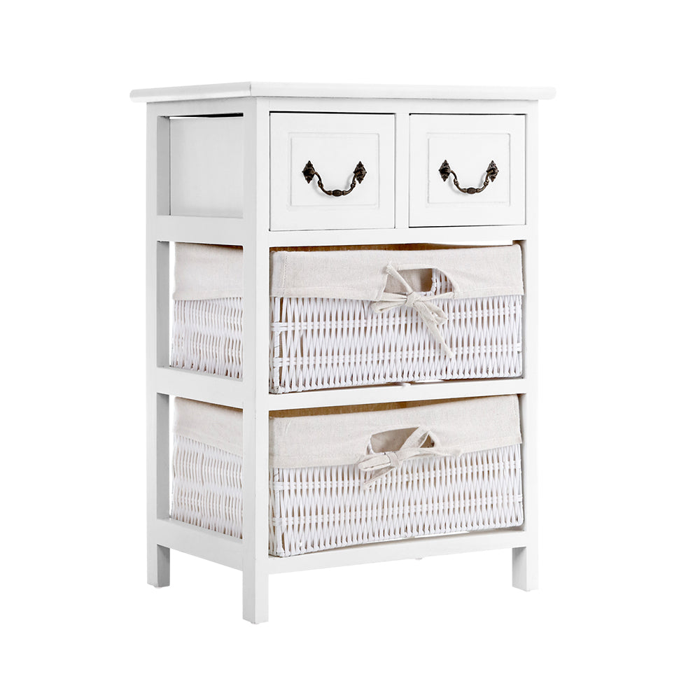 Artiss Storage Cabinet Dresser Chest of Drawers featuring two wicker baskets and a rustic white finish, perfect for bedside or bathroom use.